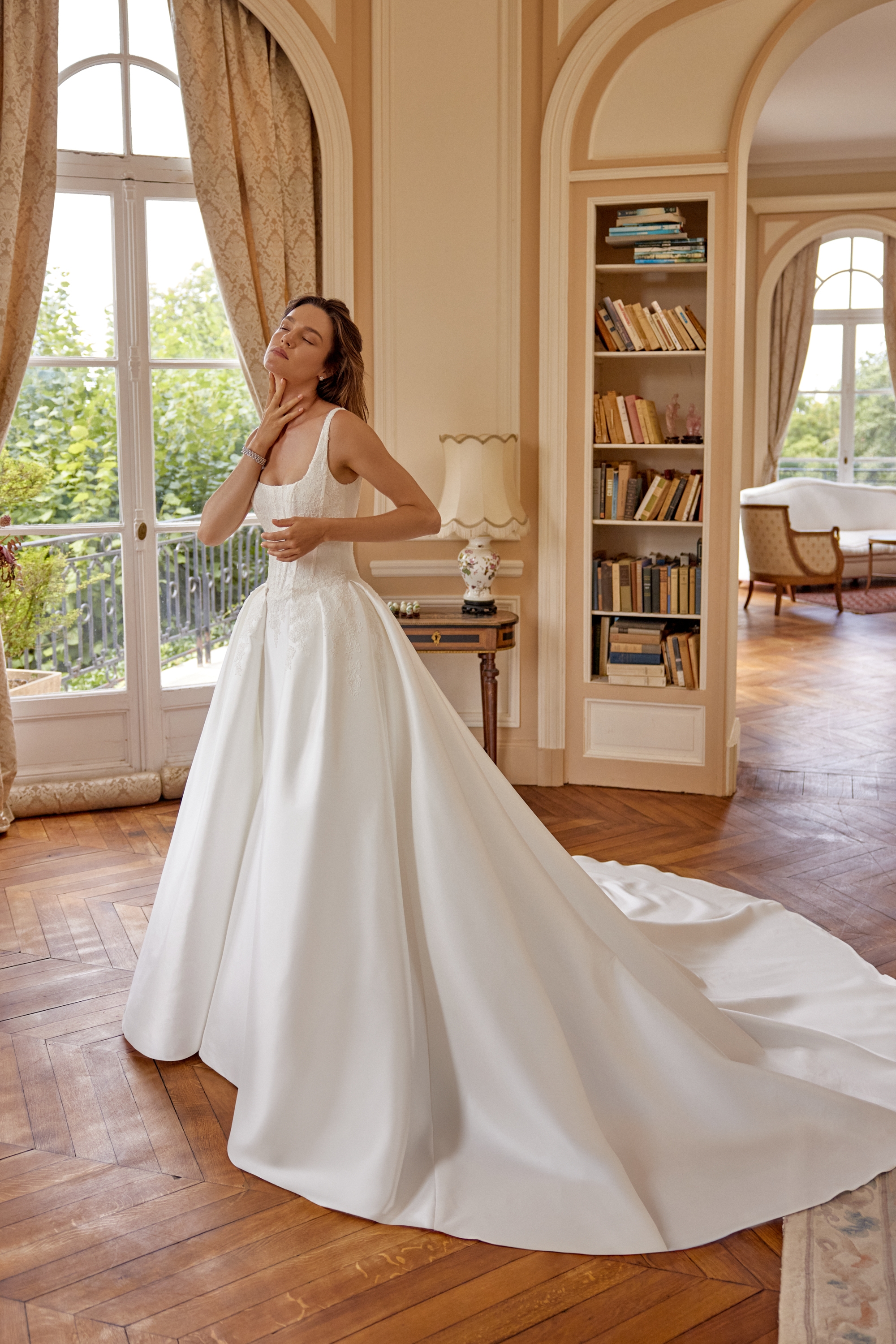 Mikado Fit and Flare with Matte Lace Appliqués and Basque Waistline