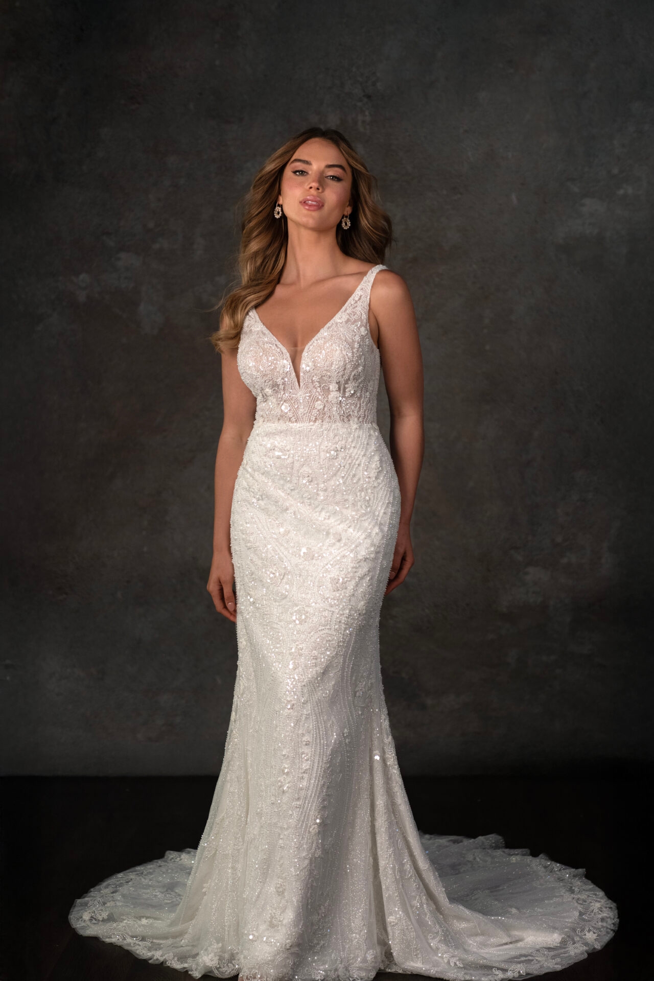 Beaded Tulle Wedding Dress with Linear Pearl Embroidery