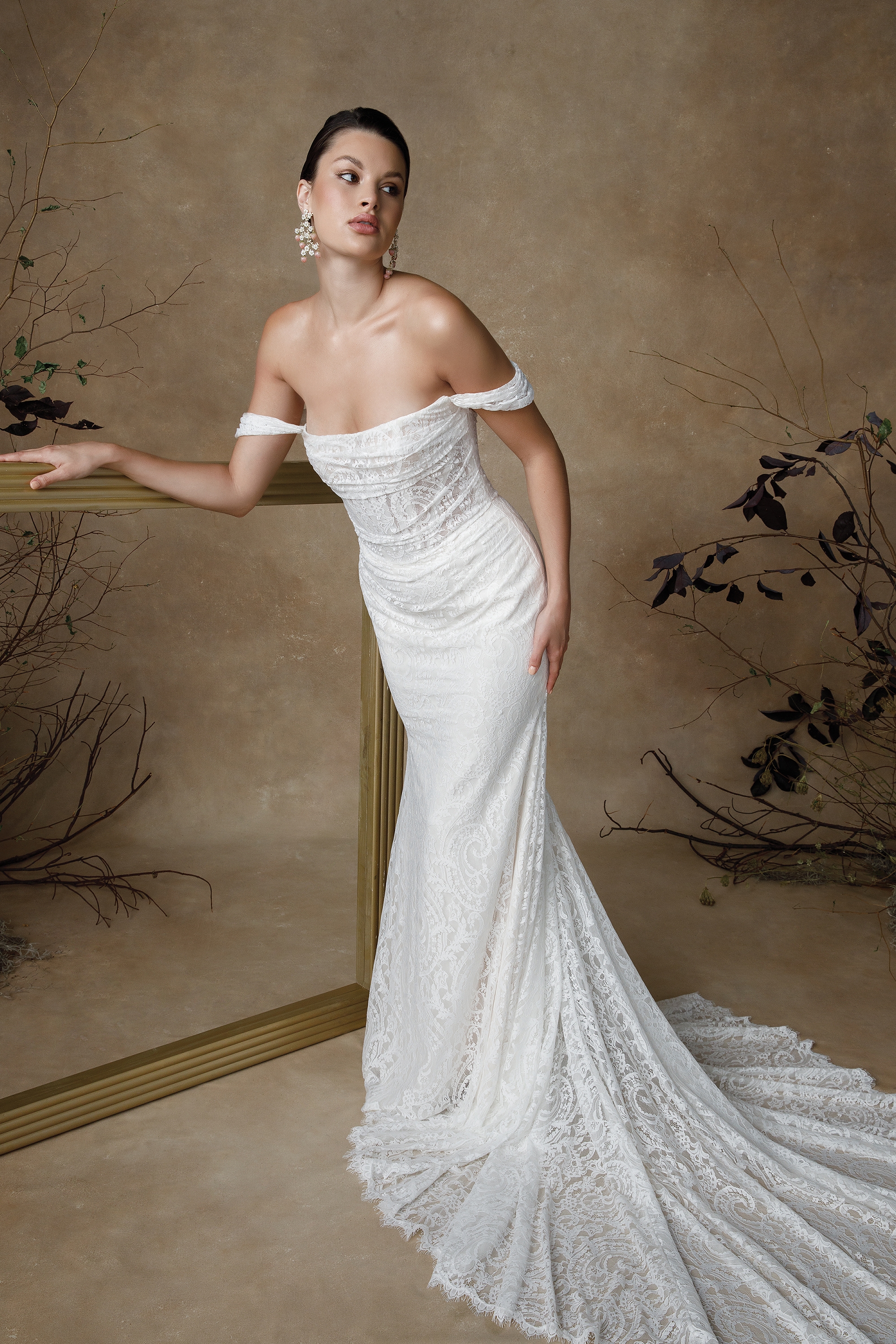 Off-the-Shoulder Chantilly Lace Fit and Flare Wedding Dress