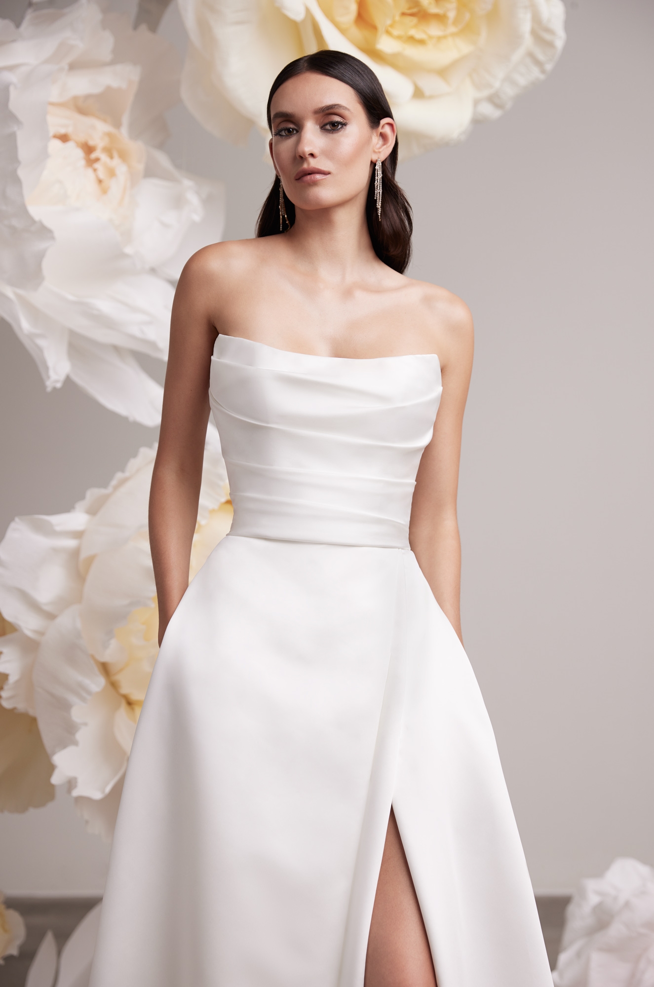 Strapless Duchesse Satin Wedding Dress with Overlap Skirt and Slit