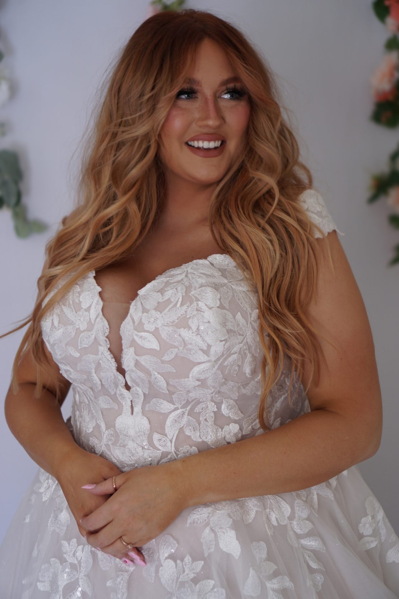 Classic Off-the-Shoulder V-Neckline Gown with Lace Appliques