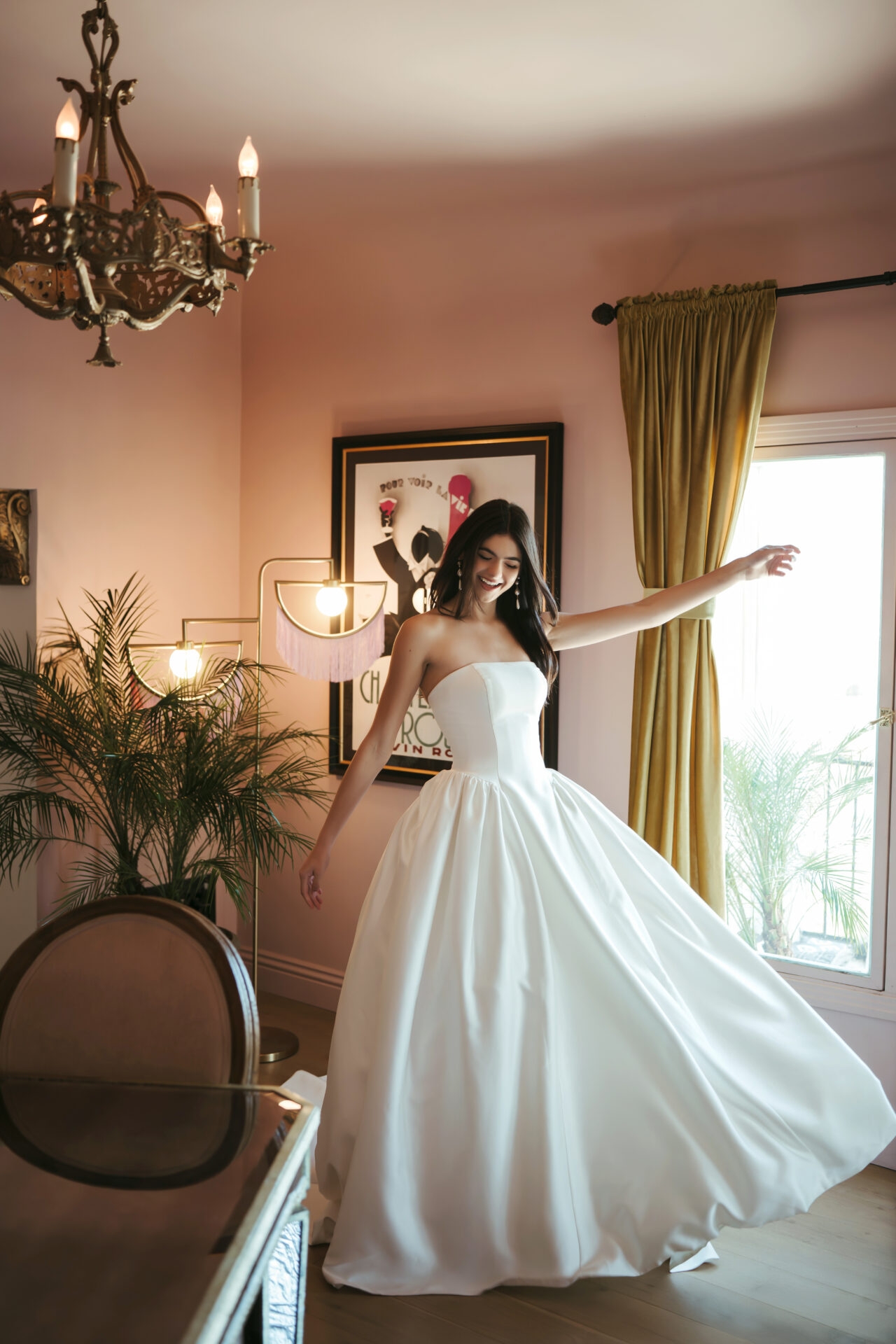 Strapless Mikado Ballgown Wedding Gown with Architectural Seaming and Pockets