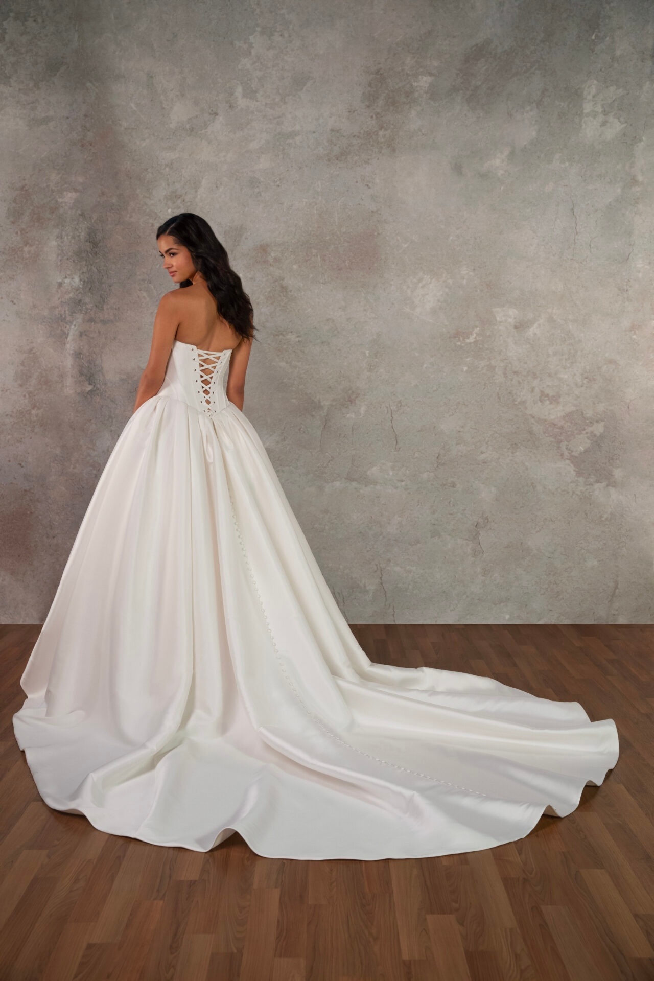 Strapless Cat Eye Ballgown Bridal Dress with Fabric Buttons