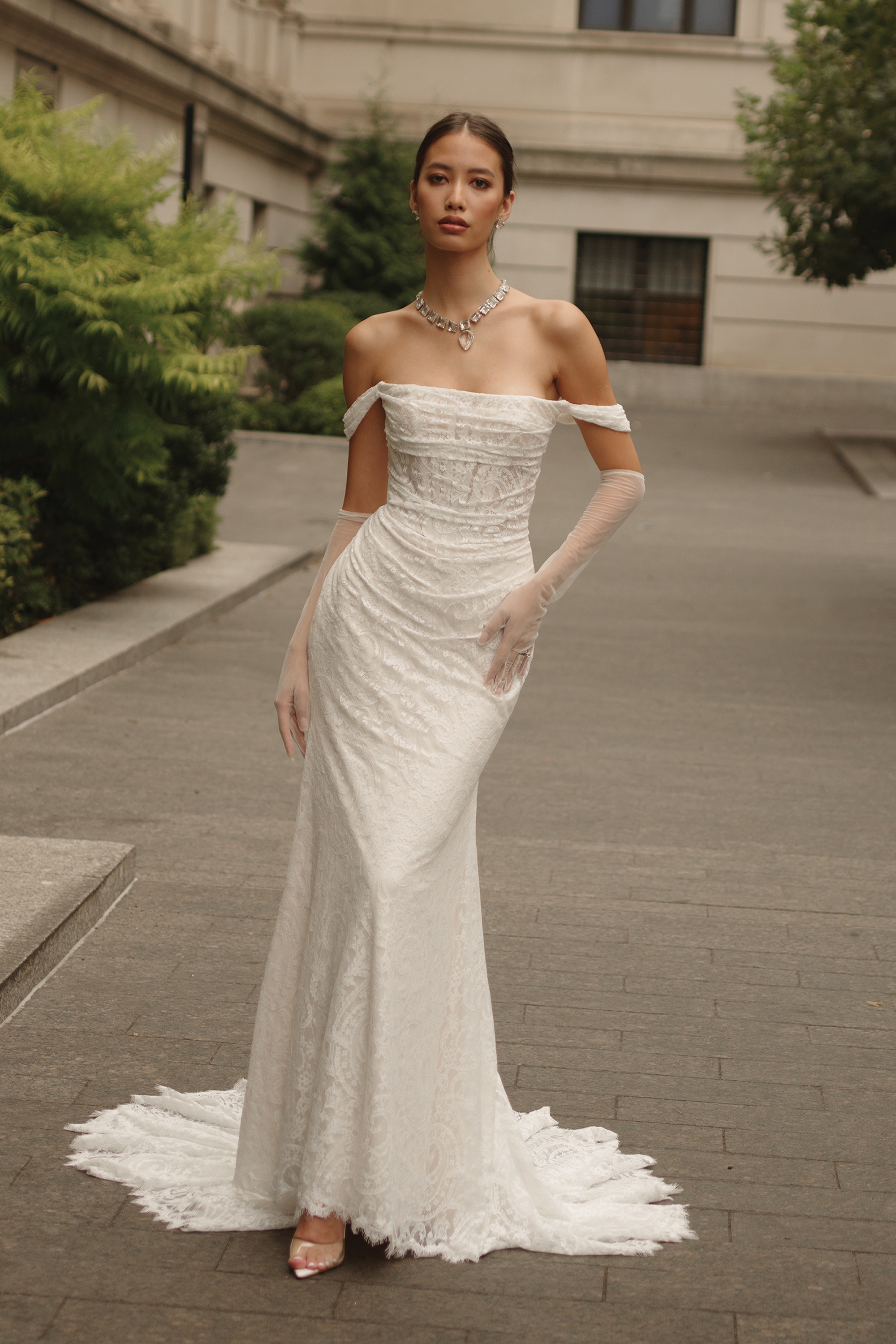 Off-the-Shoulder Chantilly Lace Fit and Flare Wedding Dress