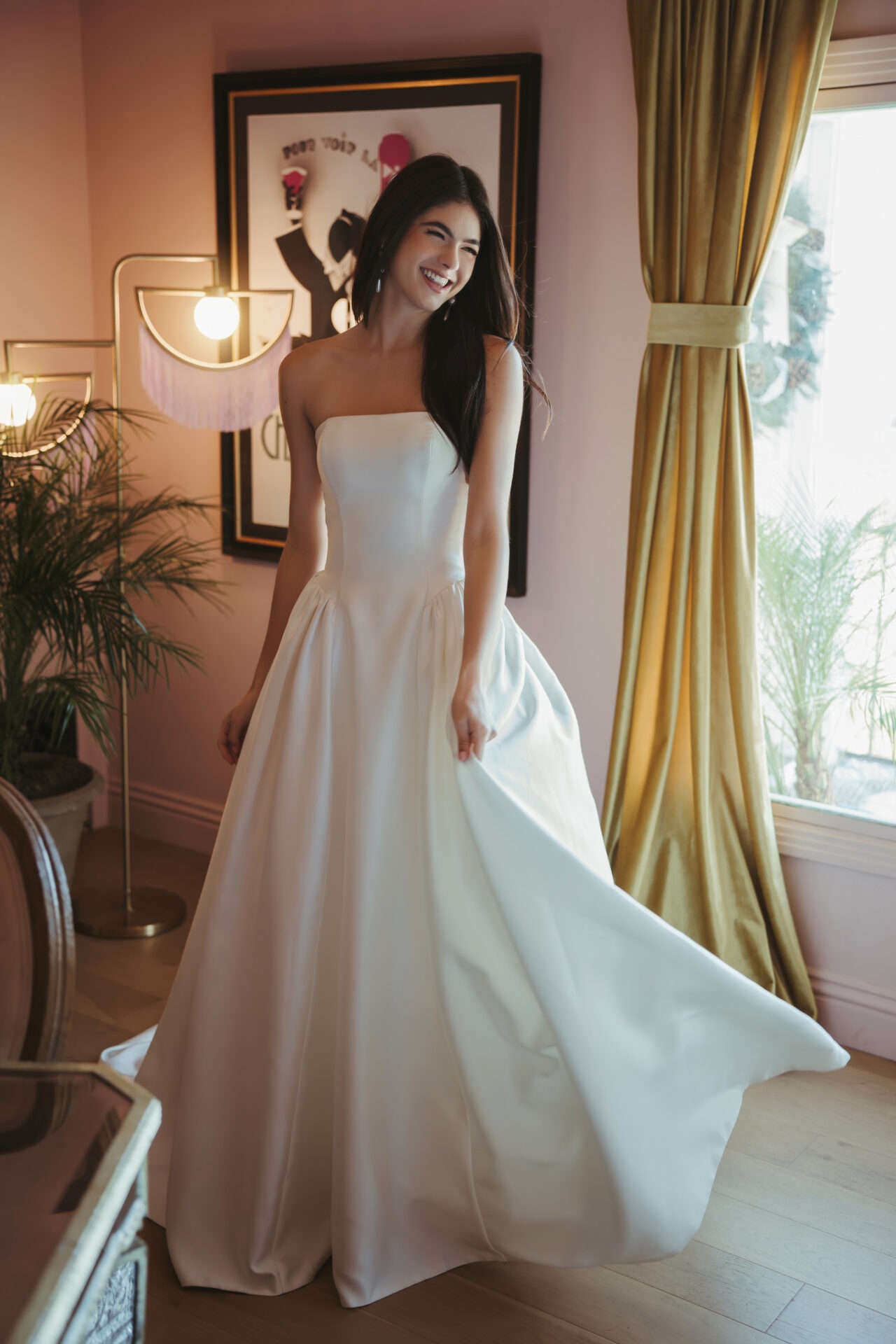 Strapless Mikado Ballgown Wedding Gown with Architectural Seaming and Pockets