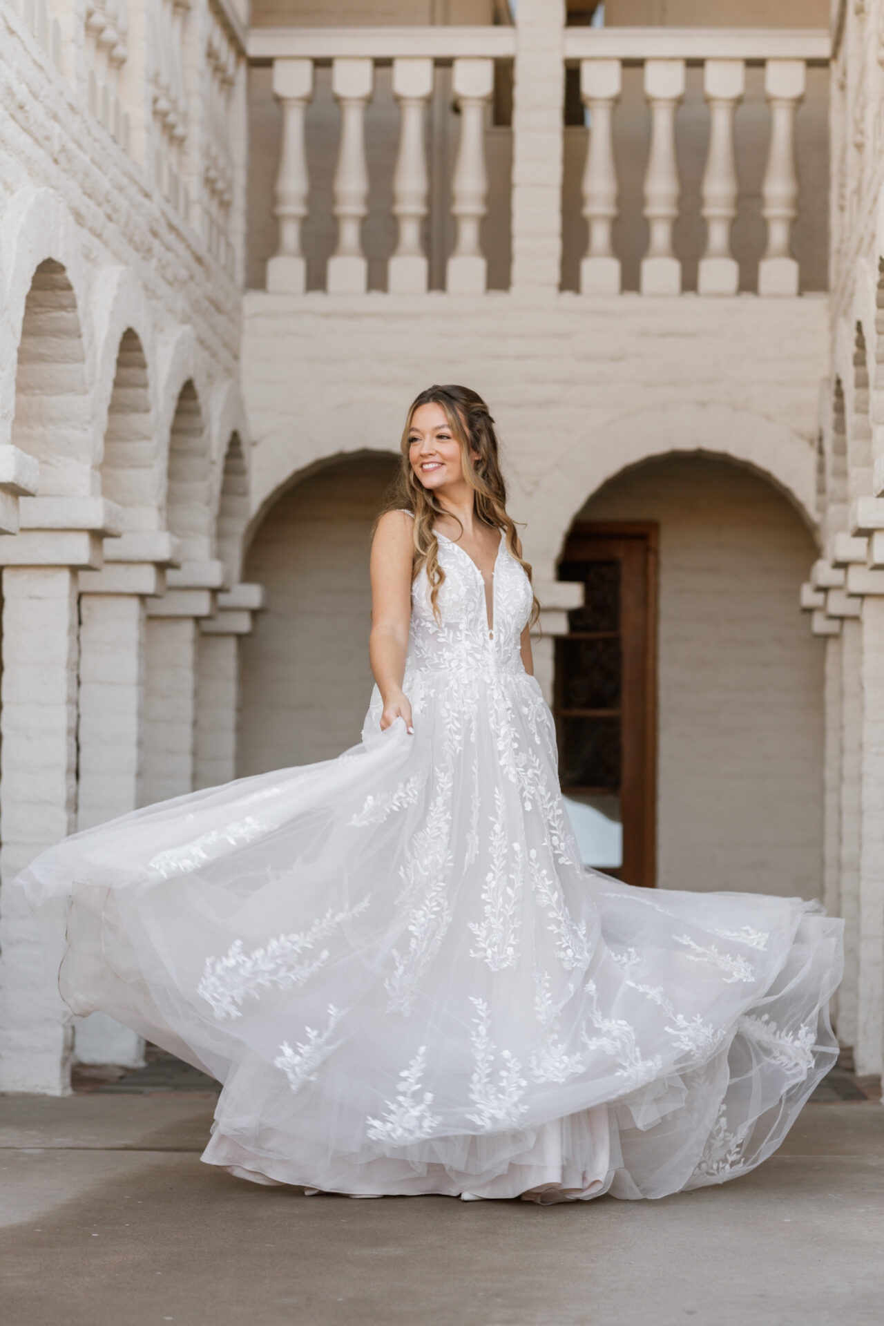 Ethereal Lace, Organza and Tulle A-Line Wedding Dress with Plunging Neckline