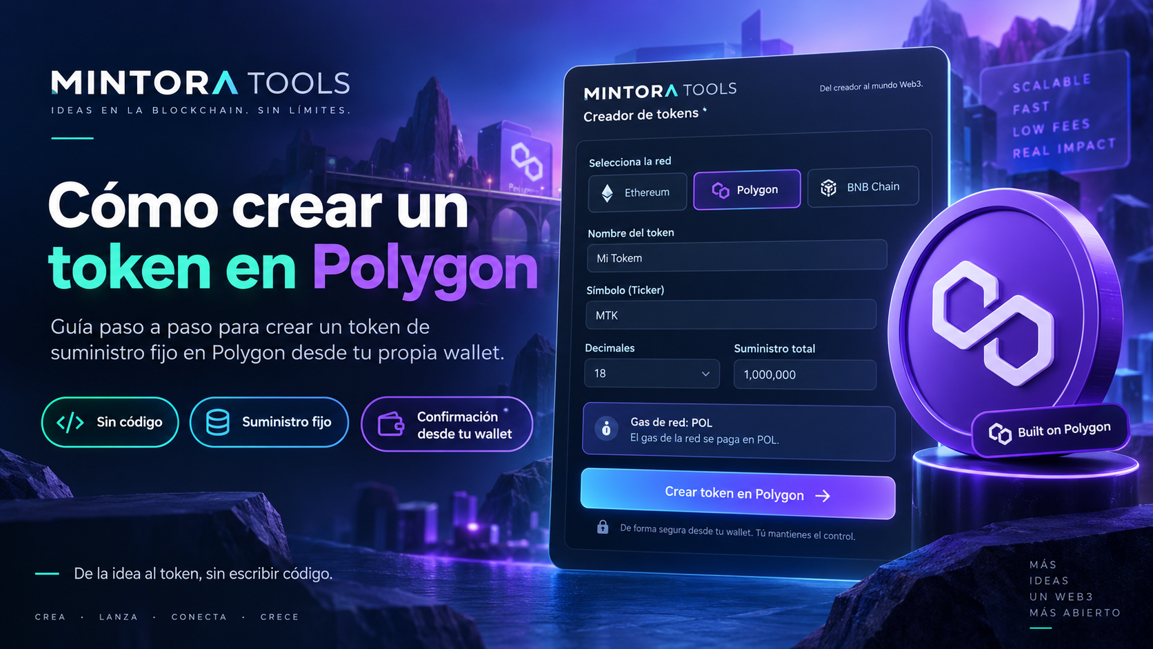 Portada de la guía de MINTORA Tools para crear un token en Polygon
