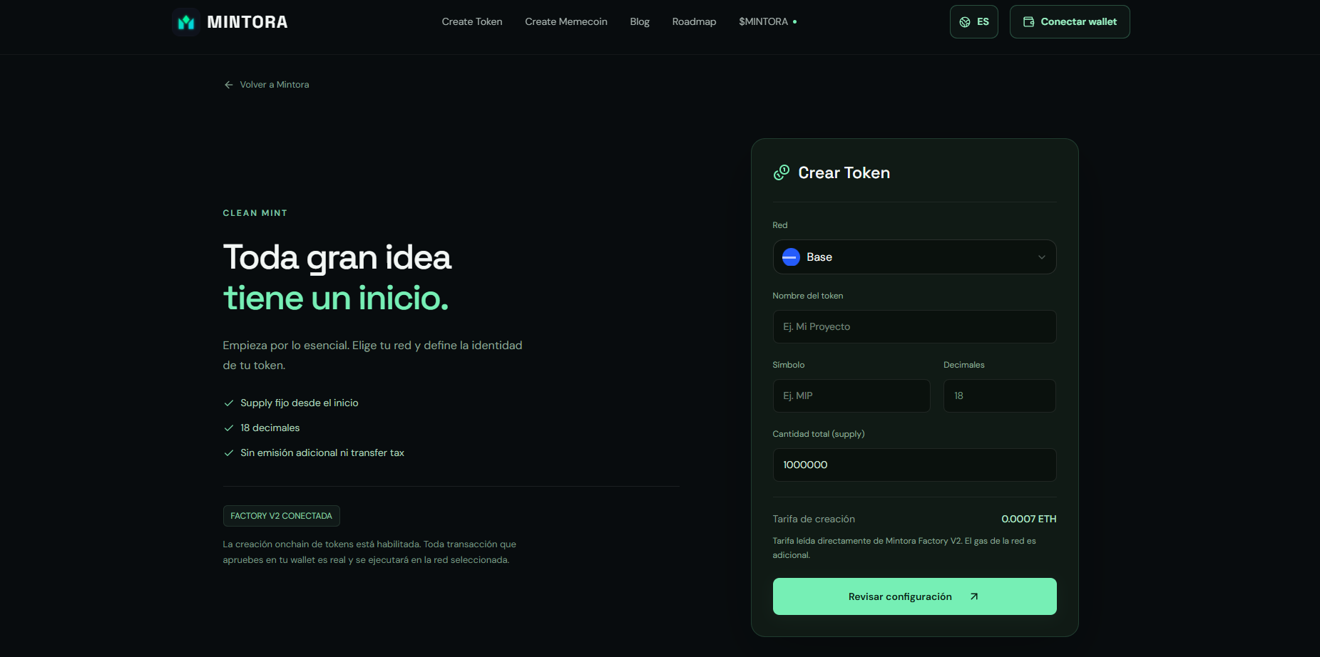 Creador de tokens de MINTORA Tools con Base seleccionada