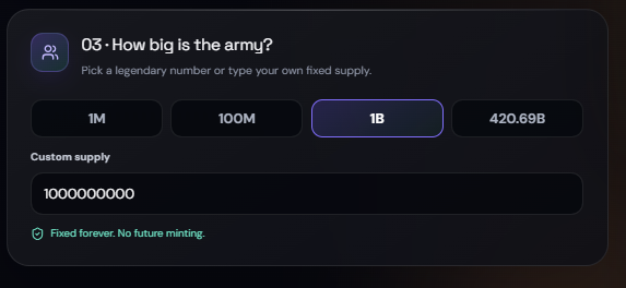 Memecoin supply configuration in MINTORA Tools