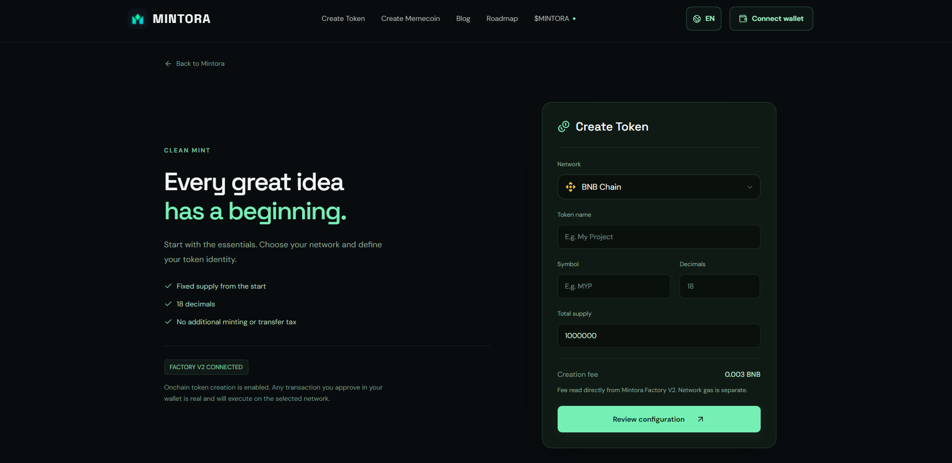 MINTORA Tools token creator with BNB Chain selected