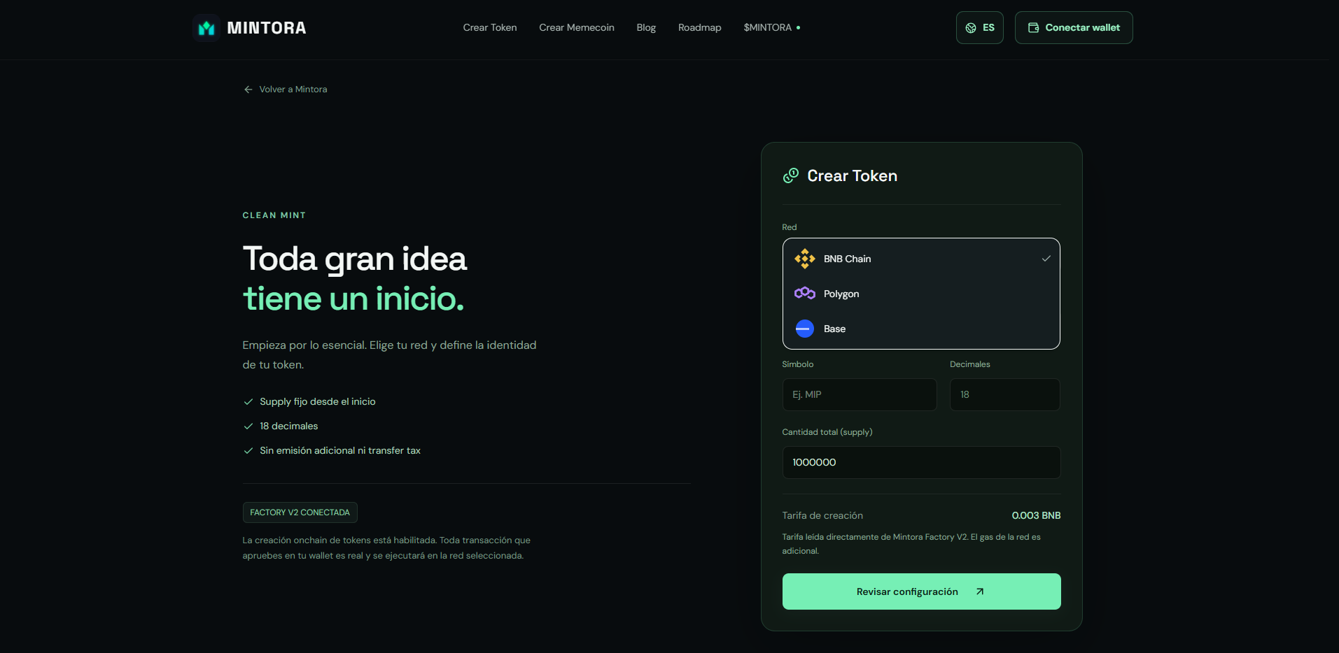 Selector de red de MINTORA Tools con BNB Chain, Polygon y Base