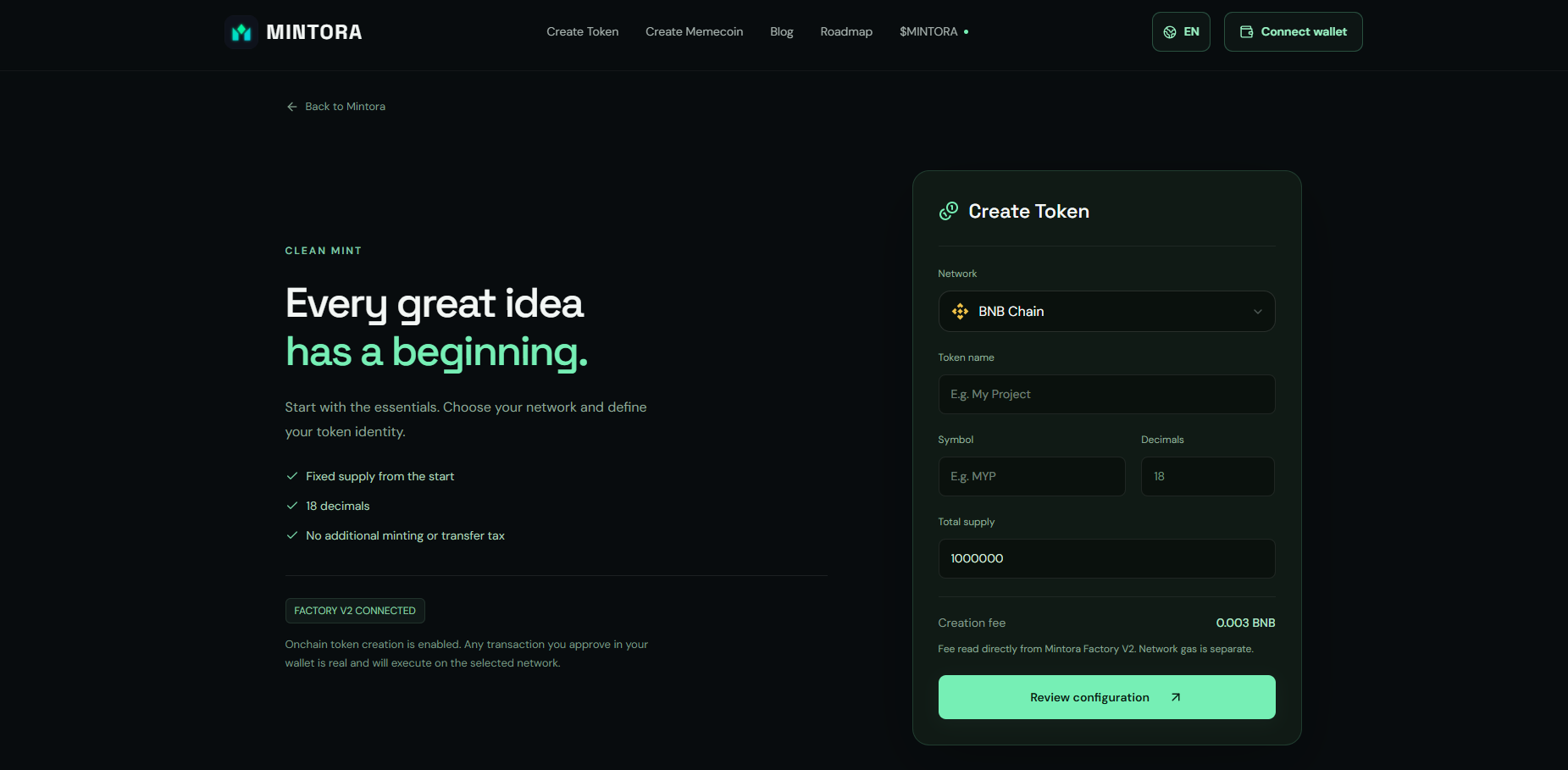 MINTORA Tools token creator with Polygon selected