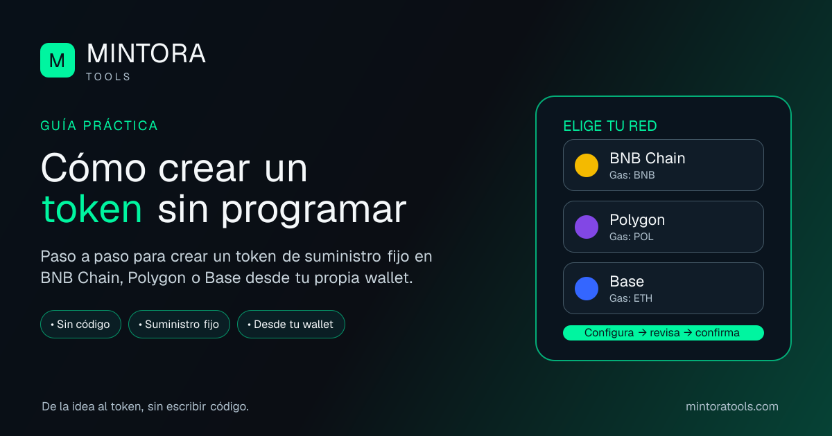 Interfaz de MINTORA Tools para crear un token sin programar en BNB Chain, Polygon o Base