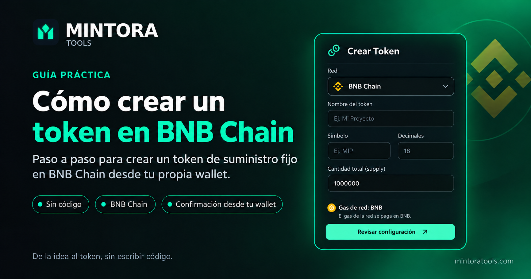 Portada de la guía de MINTORA Tools para crear un token en BNB Chain