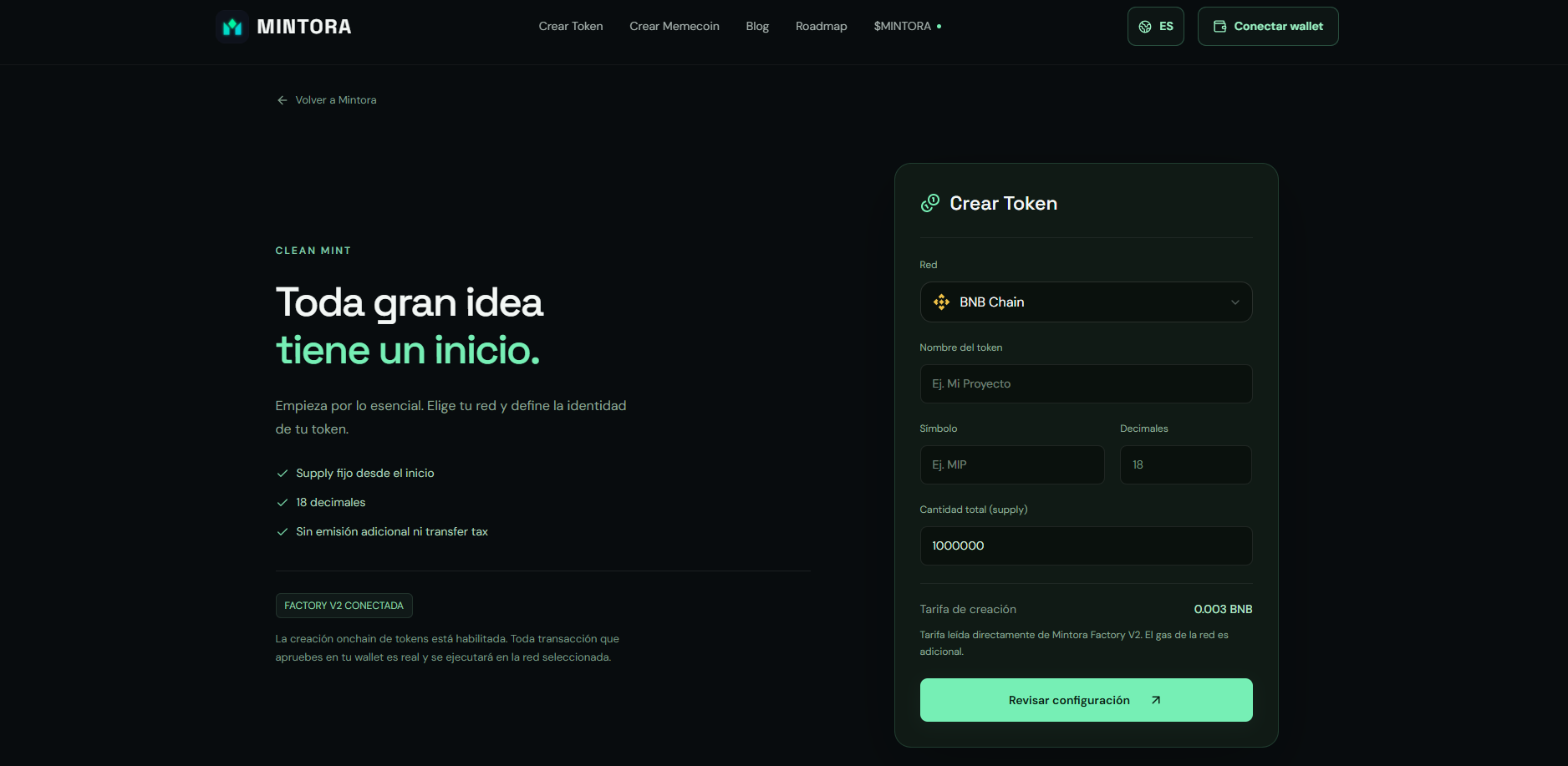 Creador de tokens de MINTORA Tools con BNB Chain seleccionada