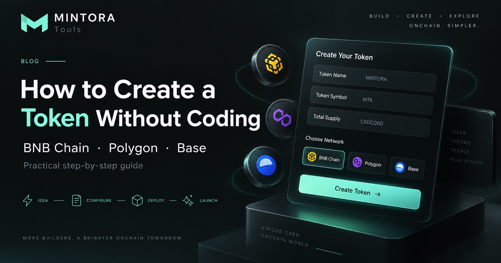MINTORA Tools interface for creating a token without coding on BNB Chain, Polygon or Base
