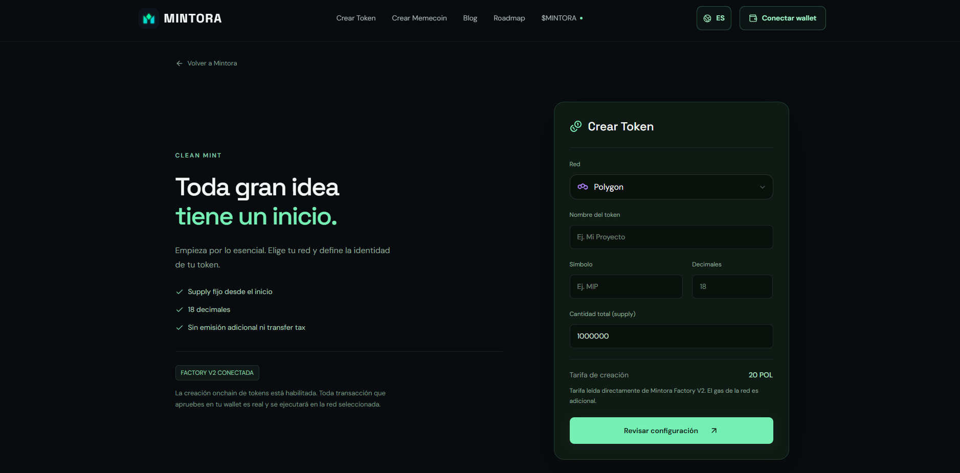Creador de tokens de MINTORA Tools con Polygon seleccionada