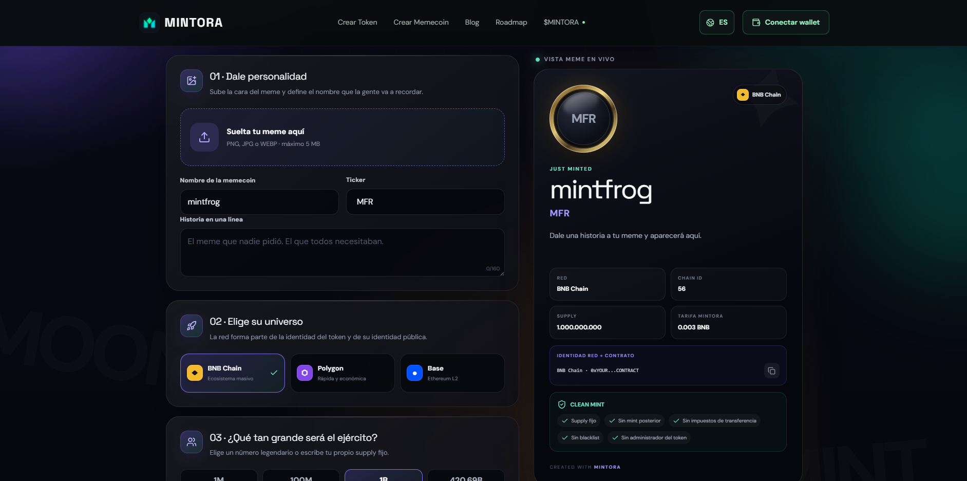 Interfaz de Memecoin Creator de MINTORA Tools para configurar el nombre y ticker de una memecoin