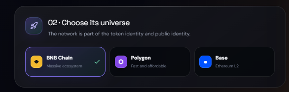 Network selection and cost review in the MINTORA Tools Memecoin Creator