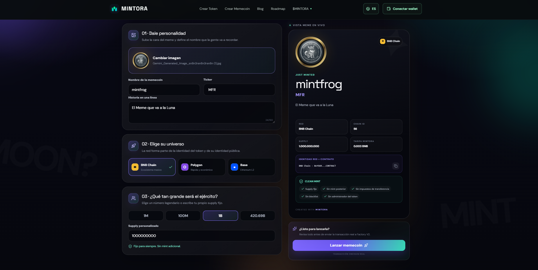 MINTORA Tools mostrando la carga de imagen y la vista previa de una memecoin