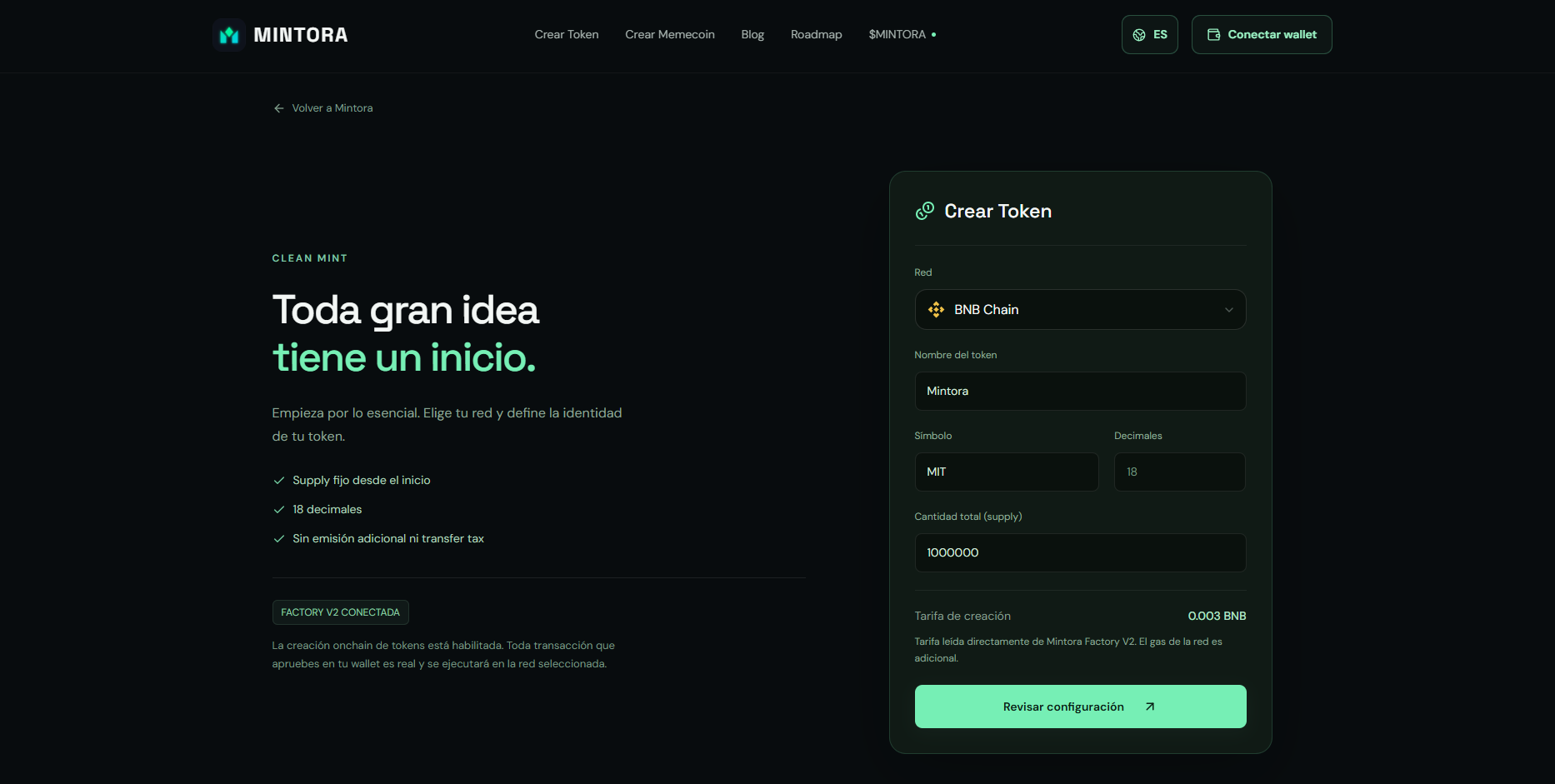 Formulario de MINTORA Tools para configurar nombre, símbolo y supply de un token