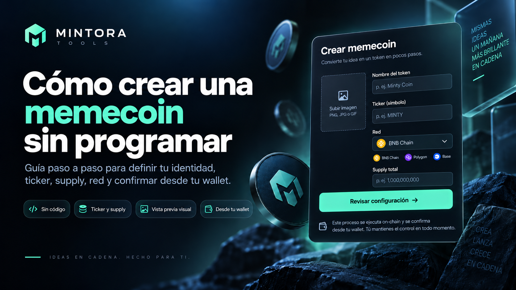 Portada de la guía de MINTORA Tools para crear una memecoin sin programar