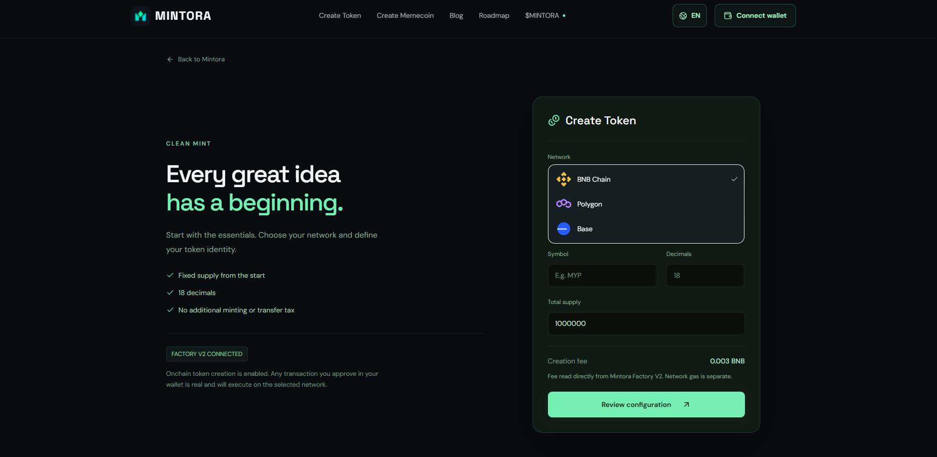 MINTORA Tools network selector with BNB Chain, Polygon and Base