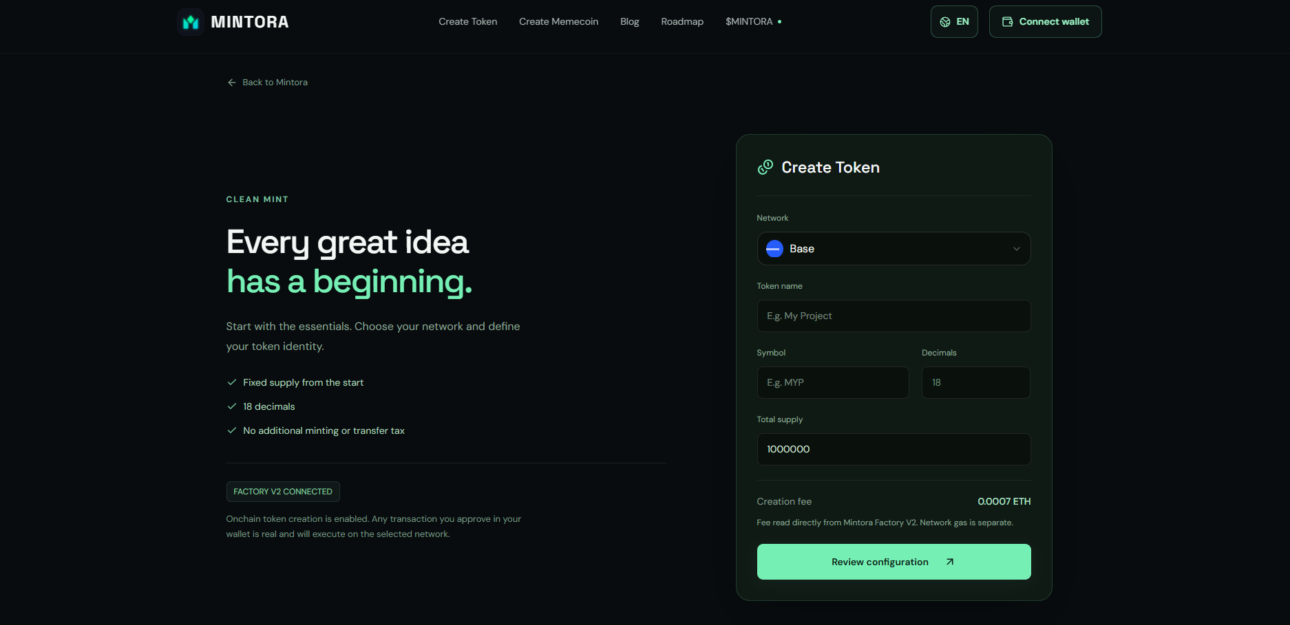 MINTORA Tools token creator with Base selected