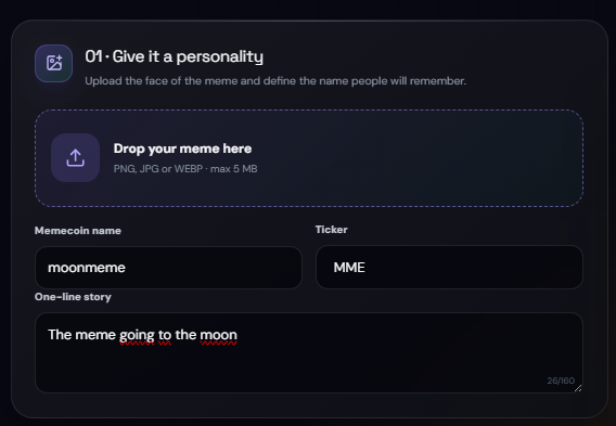 MINTORA Tools Memecoin Creator interface for configuring a memecoin name and ticker