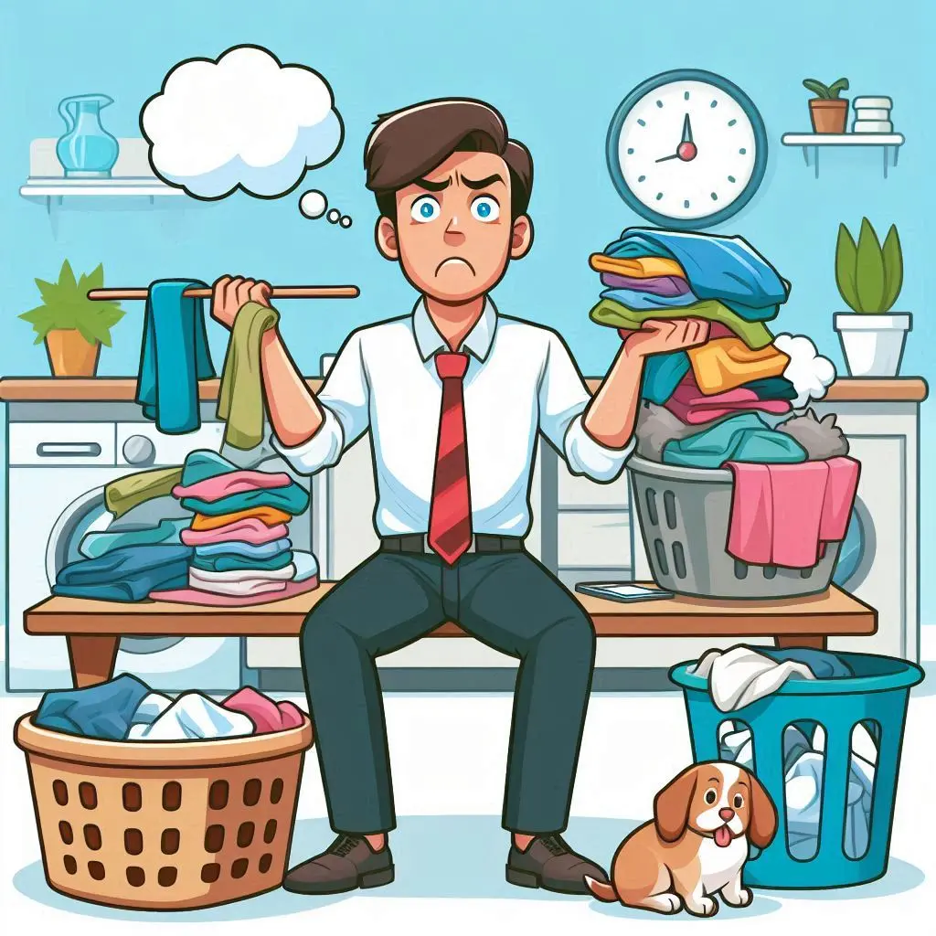 a busy person doing too much laundry with a frustrated face, no animals