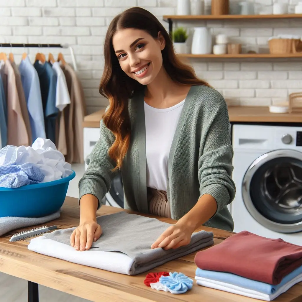 a female employee folding laundry on a table while smiling at a fluff and fold service