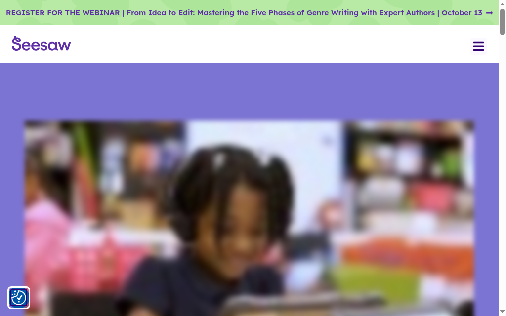 Seesaw homepage for elementary learning with a classroom photograph