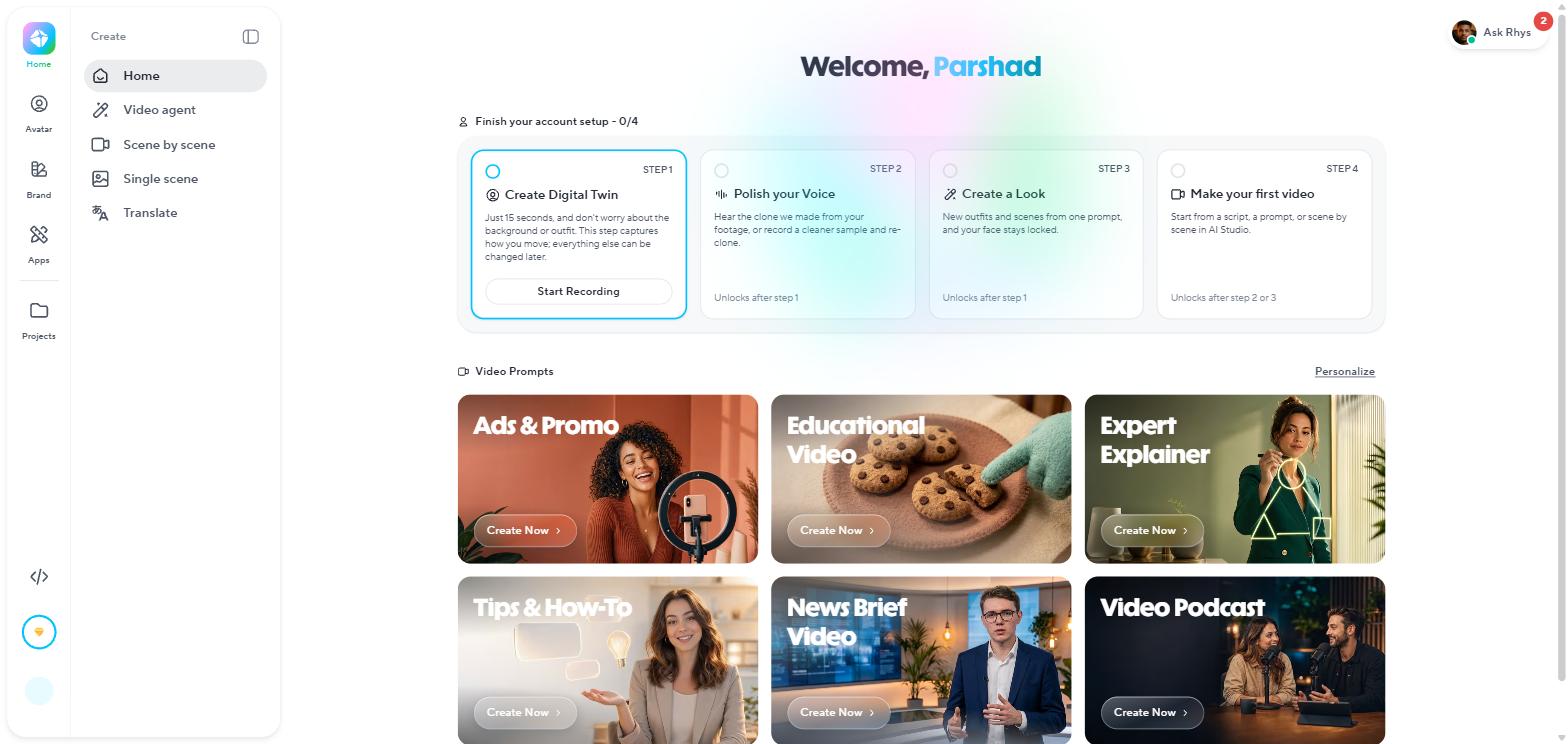 HeyGen's dashboard on a free account: the Create menu and video-prompt cards