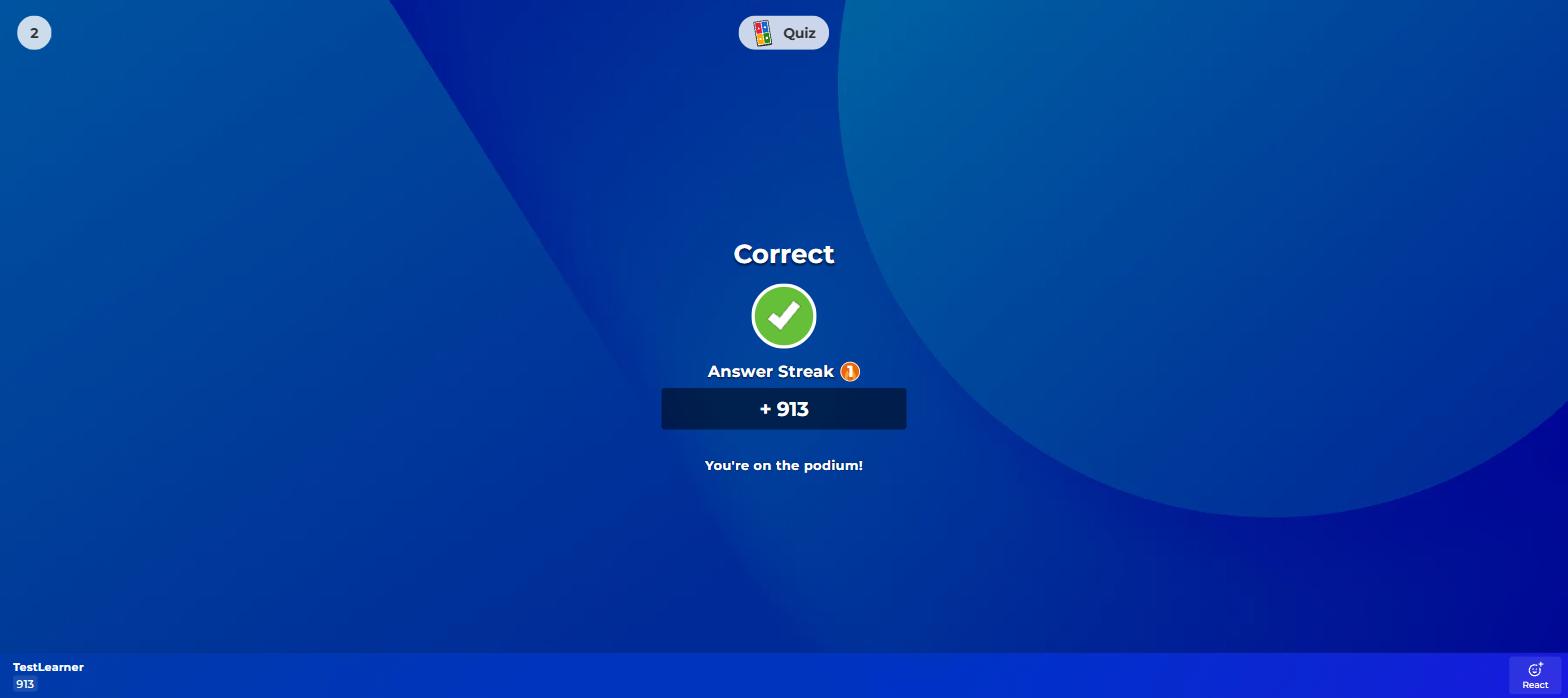 A correct answer earns 913 speed-scored points with a streak bonus