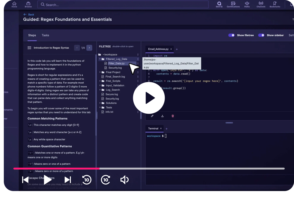 Captura de la demo de Pluralsight con un laboratorio guiado de Regex y un editor de código