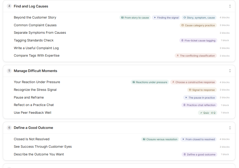 Coursebox outline from Fink goals plus an assessment plan: Find and Log Causes, Manage Difficult Moments and Define a Good Outcome, using assignments such as five-ticket cause tagging and a practice-chat reflection