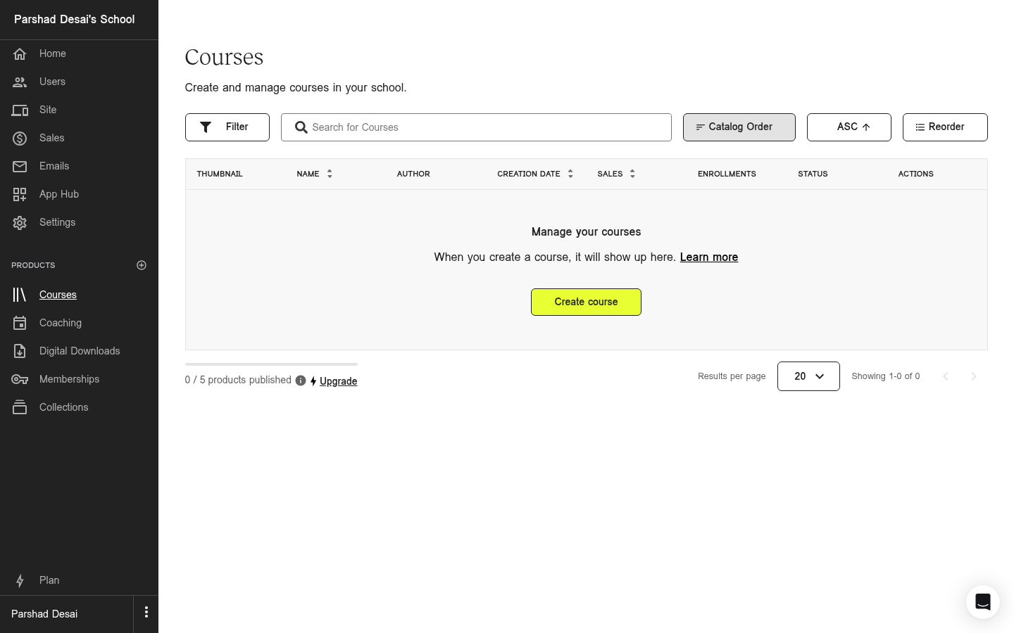 Teachable's Courses screen on a Starter trial, reading 0 / 5 products published with an Upgrade link beside it