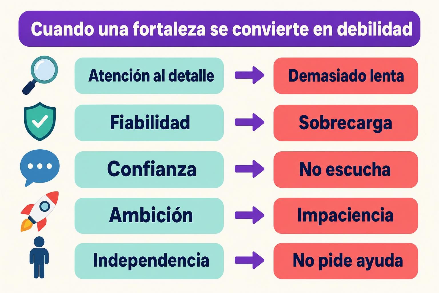 Infografía que muestra cómo una fortaleza de un empleado se convierte en una debilidad cuando se usa en exceso: la atención al detalle se vuelve lentitud, la fiabilidad se vuelve sobrecarga, la confianza deja de escuchar, la ambición se vuelve impaciencia y la independencia se vuelve no pedir ayuda.
