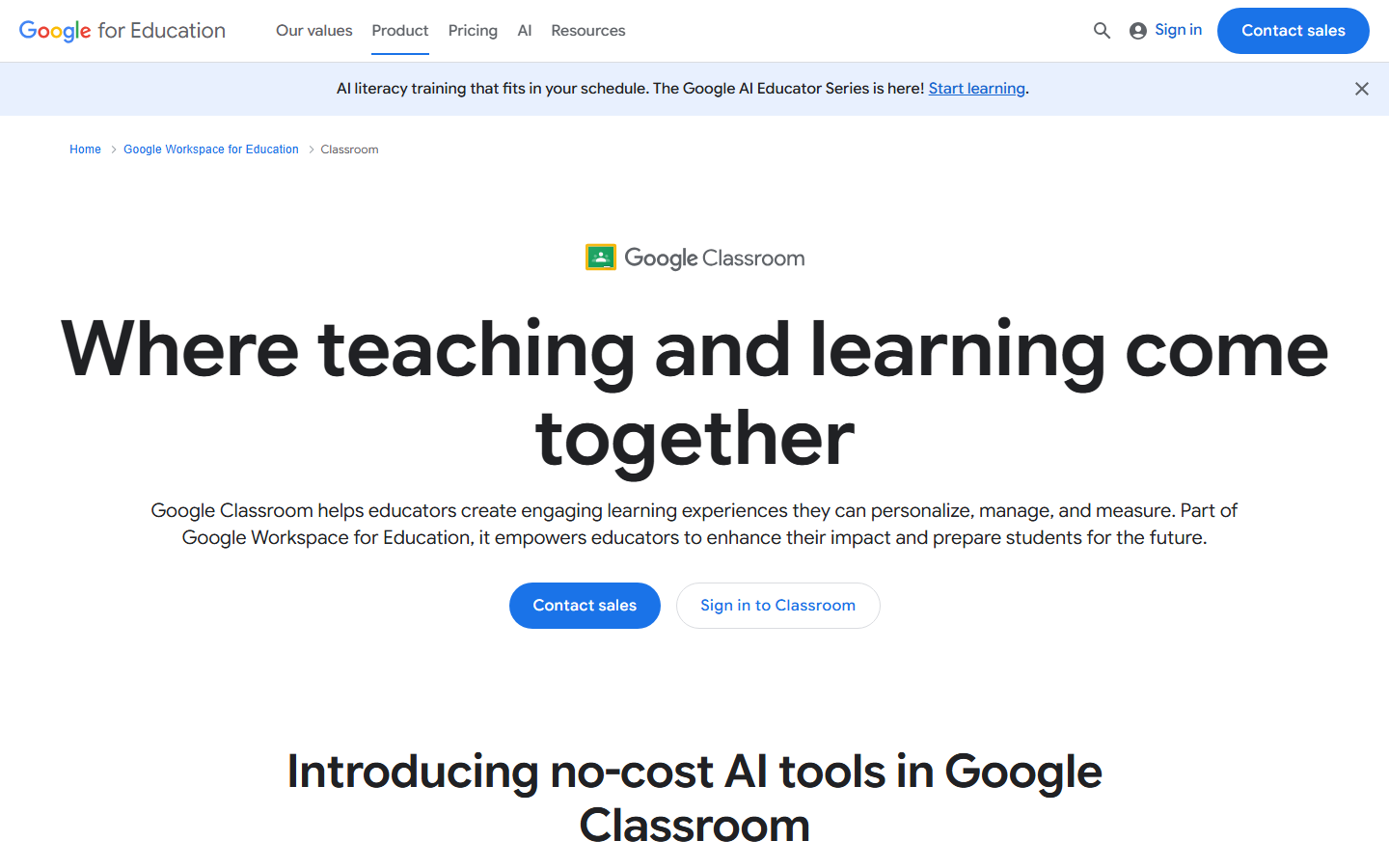 학습 서비스를 보여 주는 Google Classroom 제품 페이지