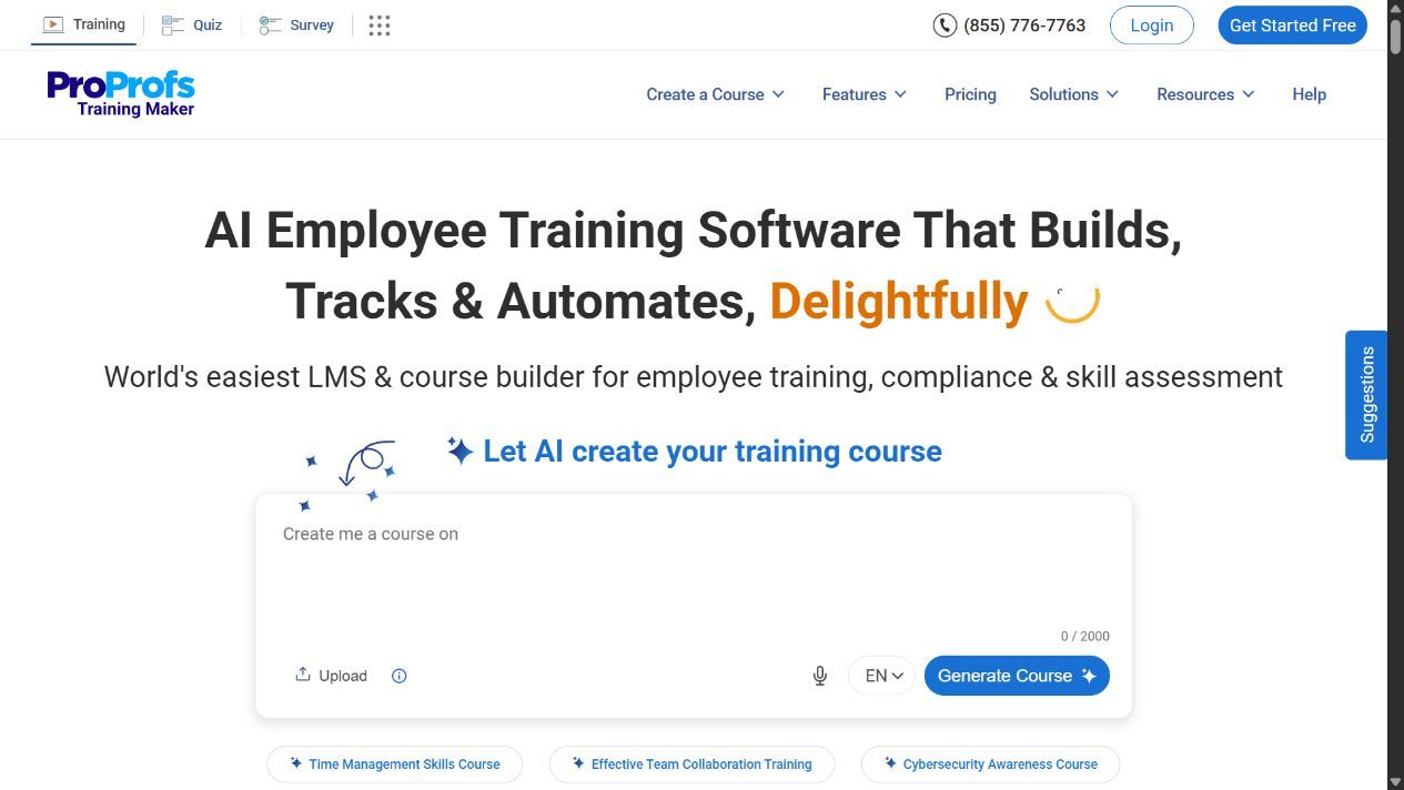 ProProfs Training Maker homepage showing its AI course creation prompt