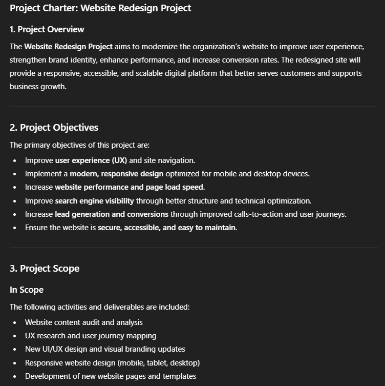 Write a project charter for a website redesign project, including objectives, scope, stakeholders, and success criteria.