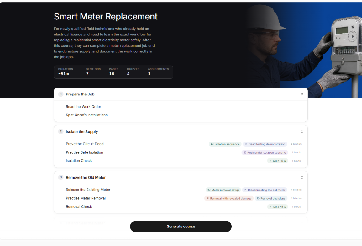 Coursebox smart meter replacement outline after one revision round: Prepare the Job with an unsafe-installation page, then Isolate the Supply and Remove the Old Meter, each with practice and a check