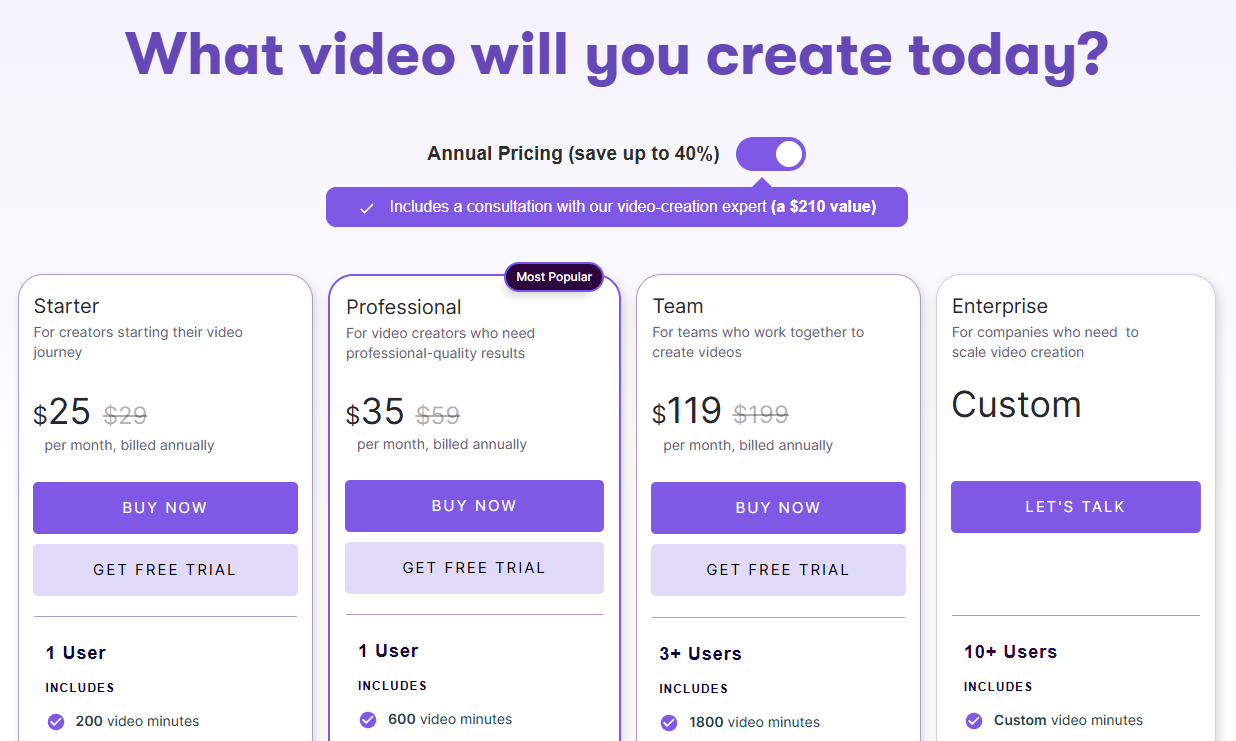 Pictory pricing page