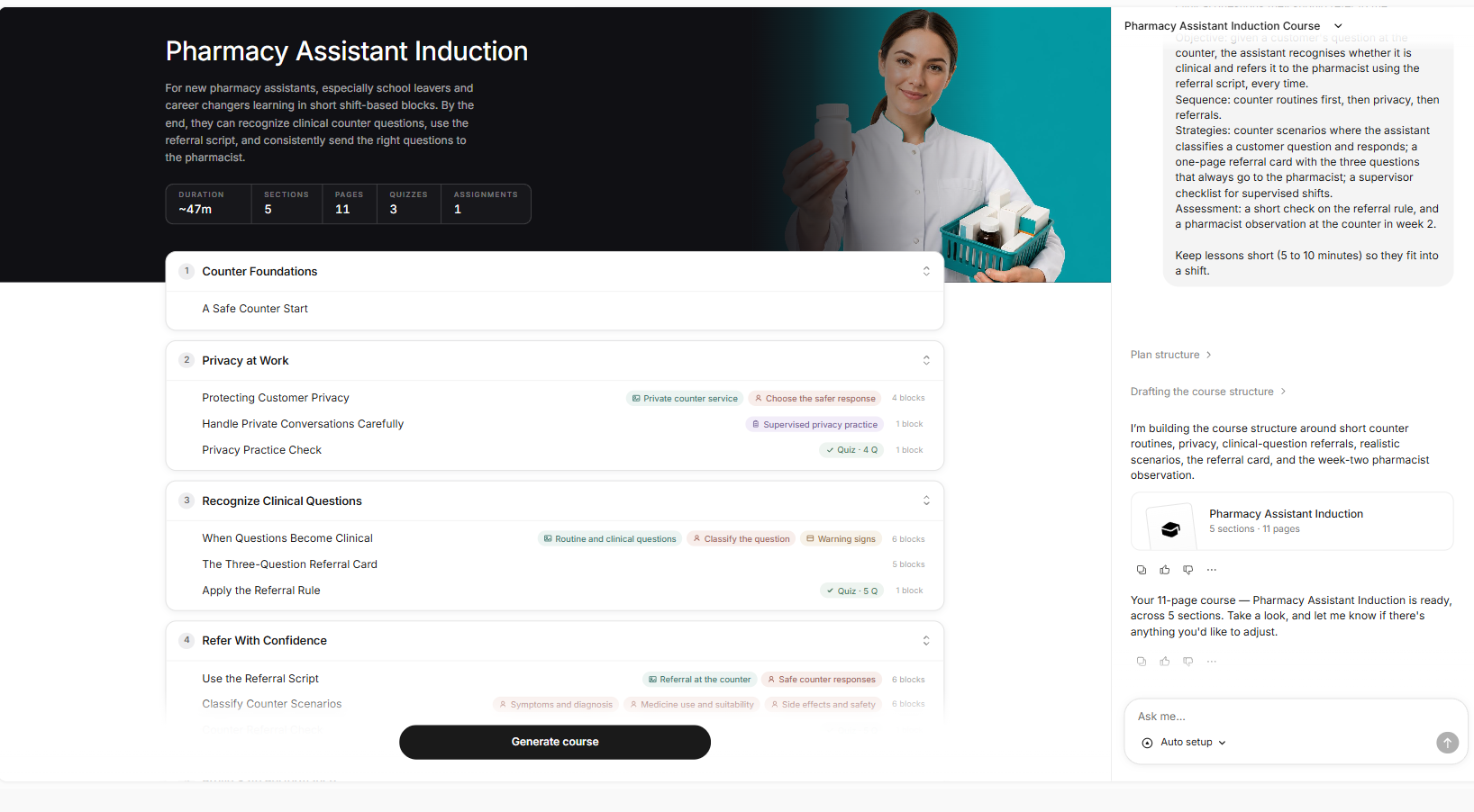 Coursebox pharmacy assistant induction outline built from Kemp planning answers: Counter Foundations, Privacy at Work, Recognize Clinical Questions and Refer With Confidence