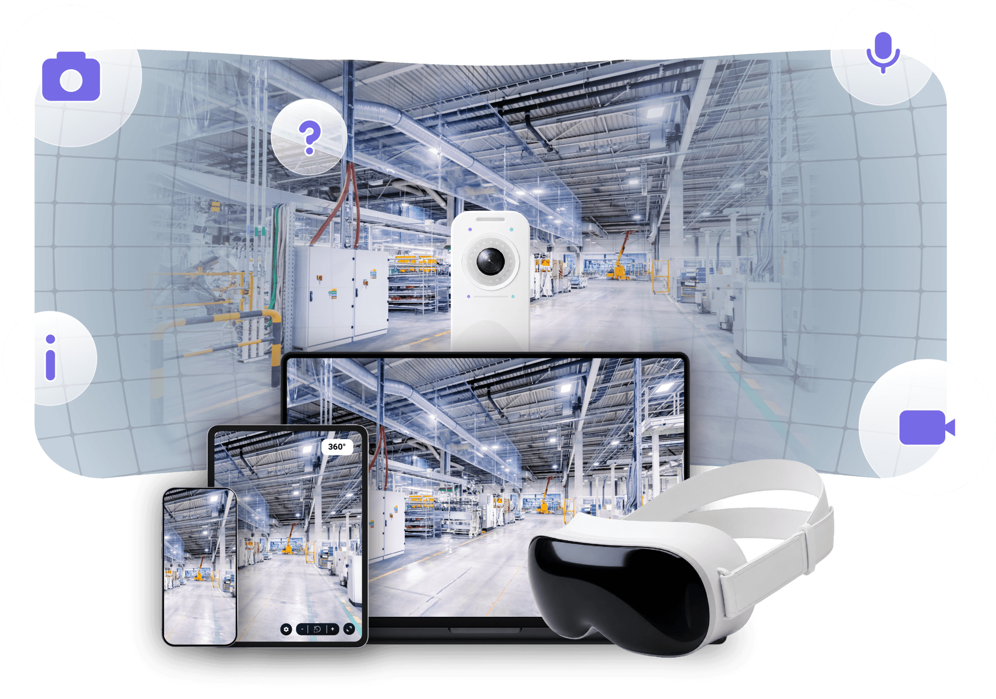 Illustration officielle de la plateforme Uptale montrant une scène industrielle sur un ordinateur portable, une tablette, un téléphone et un casque de réalité virtuelle