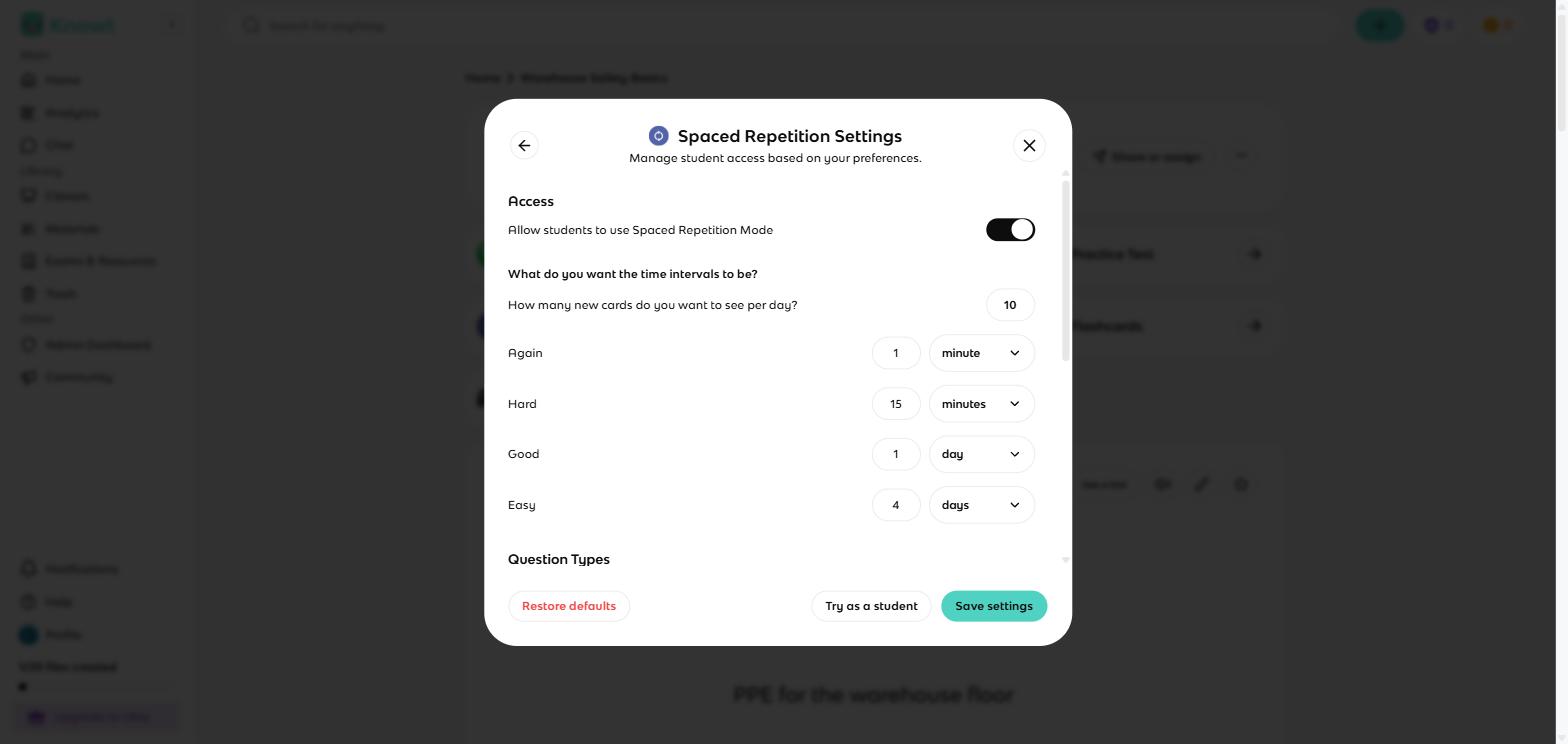 Knowtの間隔反復設定画面:1日あたりの新規カード数と、Again・Hard・Good・Easyの間隔を編集可能