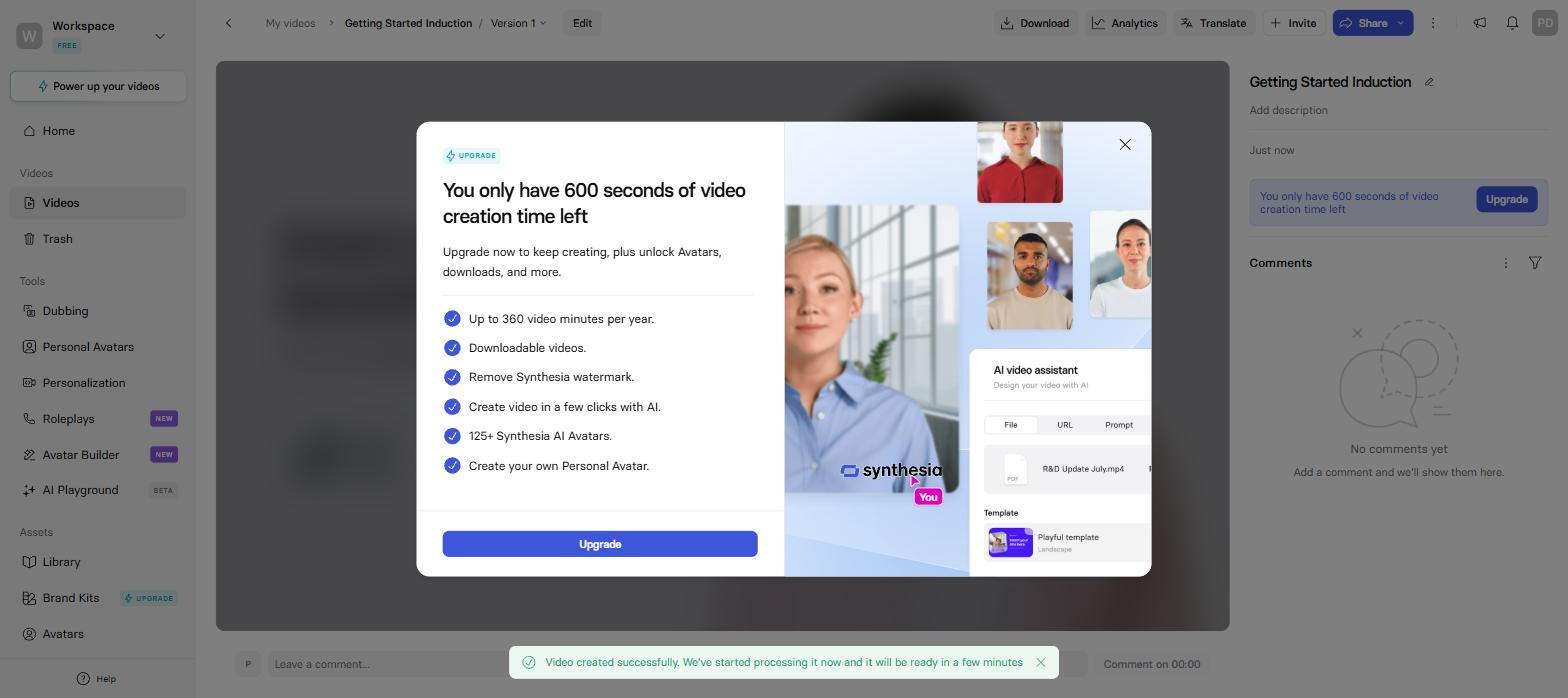 Straight after submitting: the 600-seconds-left upgrade modal