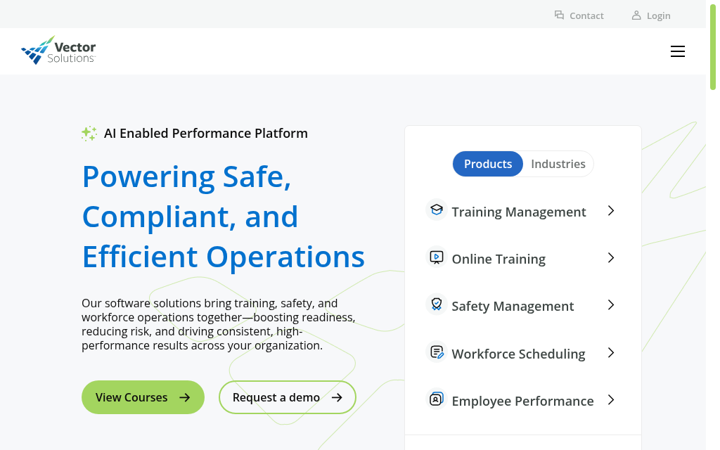 Vector Solutions homepage with compliance, training and workforce management products