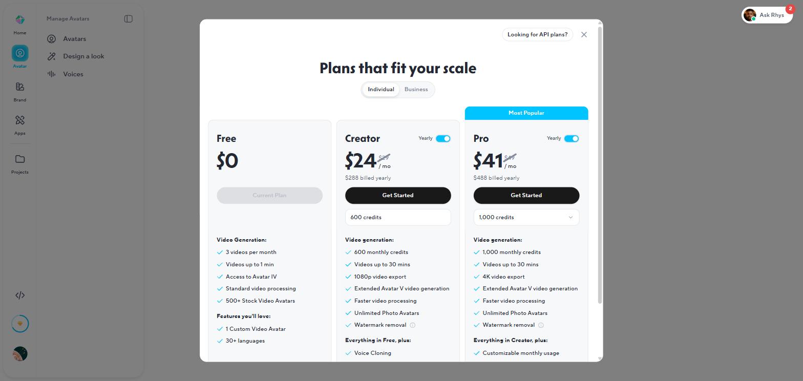 HeyGen's in-app plans on my free account, matching the public page