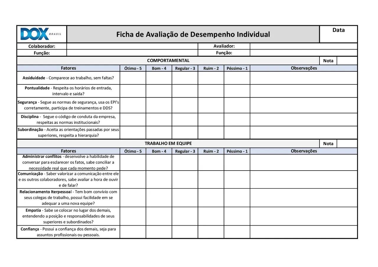 Ficha de Avaliação Individual de Funcionários